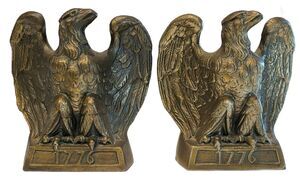 Vintage American Eagle 1776 Bookends Cast Iron Brass Colonial Virginia 1968 Pair